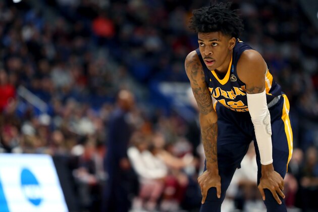 HARTFORD, CONNECTICUT - MARCH 23:  Ja Morant #12 of the Murray State Racers reacts against the Florida State Seminoles in the second half during the second round of the 2019 NCAA Men's Basketball Tournament at XL Center on March 23, 2019 in Hartford, Connecticut. (Photo by Maddie Meyer/Getty Images)