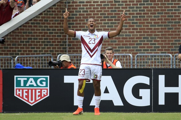 CINCINNATI, OHIO - JUNE 09:  Salomon Rondon #23of the Venezuela men's national  team celebrates after scoring a goal in the first half of the game against  the USA men's national team at Nippert Stadium on June 09, 2019 in Cincinnati, Ohio. (Photo by Andy Lyons/Getty Images)