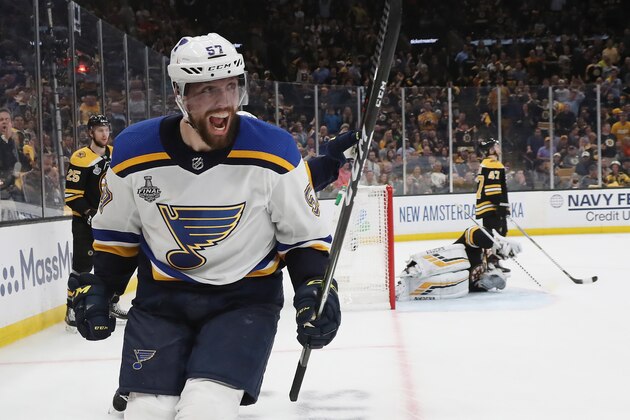 BOSTON, MASSACHUSETTS - JUNE 06: David Perron #57 of the St. Louis Blues celebrates his third period goal against the Boston Bruins in Game Five of the 2019 NHL Stanley Cup Final at TD Garden on June 06, 2019 in Boston, Massachusetts. (Photo by Bruce Bennett/Getty Images)