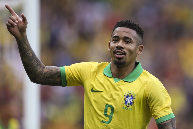 PORTO ALEGRE, BRAZIL - JUNE 09: Gabriel Jesus of Brazil celebrates after scoring the first goal of his team during the International Friendly Match between Brazil and Honduras at Beira Rio Stadium on June 9, 2019 in Porto Alegre, Brazil. (Photo by Buda Mendes/Getty Images)