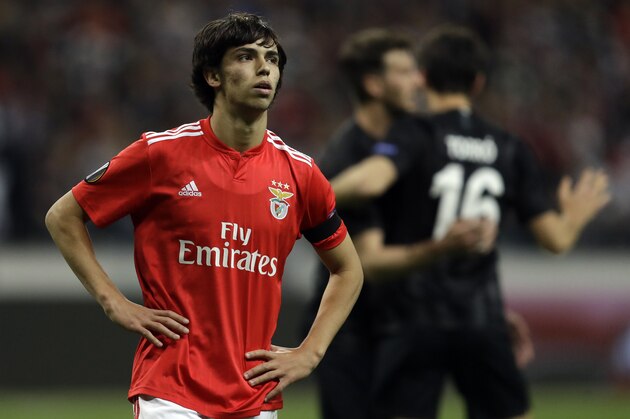 Benfica's Joao Felix reacts in dejection at the end of the Europa League quarterfinals, second leg soccer match between Eintracht Frankfurt and Benfica at the Commerzbank Arena in Frankfurt, Germany, Thursday, April 18, 2019. (AP Photo/Michael Probst)