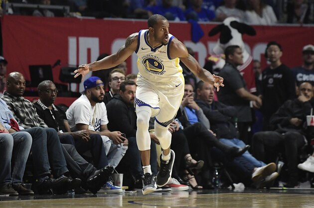 Golden State Warriors guard Andre Iguodala gestures after scoring during the second half in Game 6 of a first-round NBA basketball playoff series against the Los Angeles Clippers Friday, April 26, 2019, in Los Angeles. The Warriors won 129-110. (AP Photo/Mark J. Terrill)