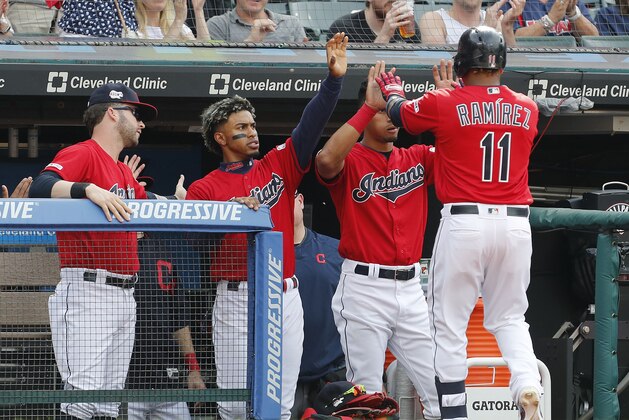 CLEVELAND, OH - JUNE 8: Jose Ramirez #11 of the Cleveland Indians  is congratulated by teammates as he returns to the dugout after hitting a sacrifice fly to score Carlos Santana #41 in the fourth inning against the New York Yankees at Progressive Field on June 8, 2019 in Cleveland, Ohio.   (Photo by David Maxwell/Getty Images)