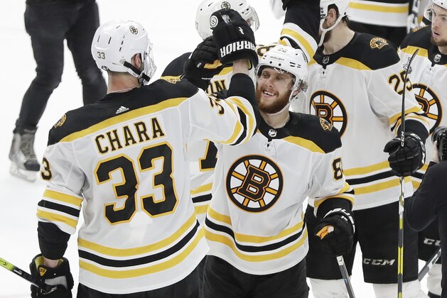 Boston Bruins defenseman Zdeno Chara (33), of Slovakia, celebrates with right wing David Pastrnak (88), of the Czech Republic, after the Bruins beat the St. Louis Blues in Game 6 of the NHL hockey Stanley Cup Final Sunday, June 9, 2019, in St. Louis. Both players scored goals as the Bruins won 5-1 to even the series 3-3. (AP Photo/Jeff Roberson)