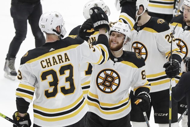 Boston Bruins defenseman Zdeno Chara (33), of Slovakia, celebrates with right wing David Pastrnak (88), of the Czech Republic, after the Bruins beat the St. Louis Blues in Game 6 of the NHL hockey Stanley Cup Final Sunday, June 9, 2019, in St. Louis. Both players scored goals as the Bruins won 5-1 to even the series 3-3. (AP Photo/Jeff Roberson)