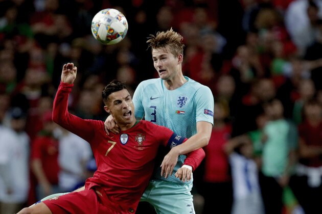 PORTO, PORTUGAL - JUNE 9: (L-R) Cristiano Ronaldo of Portugal, Matthijs de Ligt of Holland  during the    match between Portugal v Holland at the Estadio do Dragao on June 9, 2019 in Porto Portugal (Photo by Eric Verhoeven/Soccrates/Getty Images)