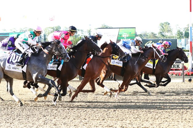 ELMONT, NEW YORK - JUNE 08:  Sir Winston #7 with Joel Rosario up wins the 151st running of the Belmont Stakes at Belmont Park on June 08, 2019 in Elmont, New York. (Photo by Nicole Bello/Getty Images)