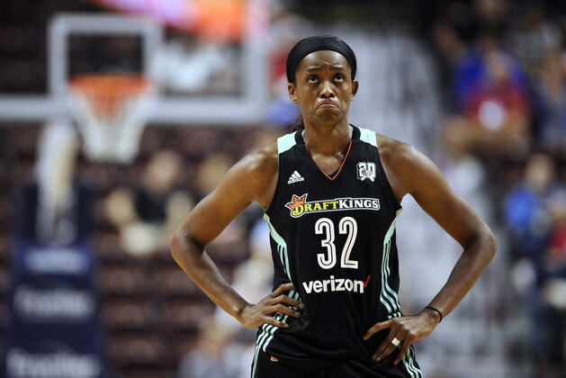 New York Liberty's Swin Cash reacts during the second half of a WNBA basketball game against the Connecticut Sun, Thursday, June 16, 2016, in Uncasville, Conn. (AP Photo/Jessica Hill)