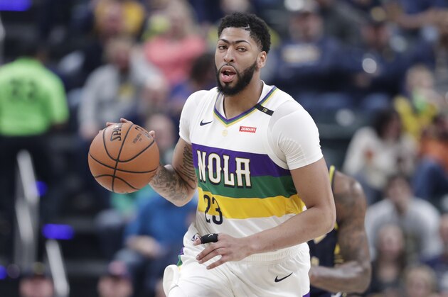 New Orleans Pelicans forward Anthony Davis (23) plays against the Indiana Pacers during the first half of an NBA basketball game in Indianapolis, Friday, Feb. 22, 2019. (AP Photo/Michael Conroy)