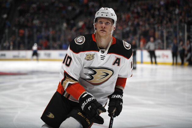 Anaheim Ducks right wing Corey Perry (10) in the first period of an NHL hockey game Friday, March 15, 2019, in Denver. (AP Photo/David Zalubowski)
