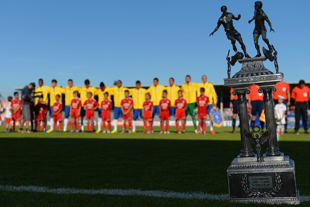 AVIGNON, FRANCE - JUNE 01:  The trophy is seen on the pitch as Brazil sing their national anthem before kick off during the Final of the Toulon Tournament between France and Brazil at the Parc des Sports Avignon on June 1, 2014 in Avignon, France.  (Photo by Christopher Lee/Getty Images)
