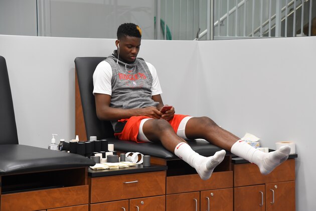 HOUSTON, TX - MAY 10: Clint Capela #15 of the Houston Rockets prepares prior to a game against the Golden State Warriors before Game Six of the Western Conference Semifinals of the 2019 NBA Playoffs on May 10, 2019 at the Toyota Center in Houston, Texas. NOTE TO USER: User expressly acknowledges and agrees that, by downloading and/or using this photograph, user is consenting to the terms and conditions of the Getty Images License Agreement. Mandatory Copyright Notice: Copyright 2019 NBAE (Photo by Bill Baptist/NBAE via Getty Images)