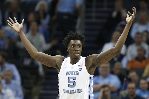 North Carolina's Nassir Little (5) reacts to a call during the first half of an NCAA college basketball game against Louisville in the Atlantic Coast Conference tournament in Charlotte, N.C., Thursday, March 14, 2019. (AP Photo/Nell Redmond)