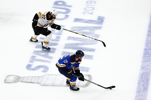 ST LOUIS, MISSOURI - JUNE 09:  Jaden Schwartz #17 of the St. Louis Blues is defended by Patrice Bergeron #37 of the Boston Bruins during the third period in Game Six of the 2019 NHL Stanley Cup Final at Enterprise Center on June 09, 2019 in St Louis, Missouri. (Photo by Dilip Vishwanat/Getty Images)
