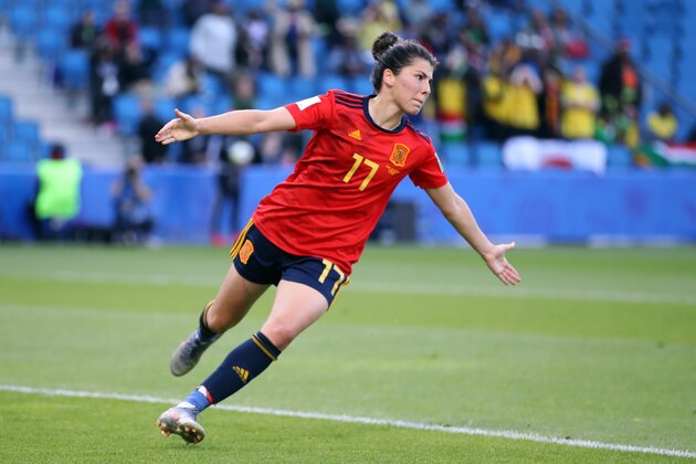 LE HAVRE, FRANCE - JUNE 08: Lucia Garcia of Spain celebrates after scoring her team's third goal during the 2019 FIFA Women's World Cup France group B match between Spain and South Africa at  on June 08, 2019 in Le Havre, France. (Photo by Alex Grimm/Getty Images)
