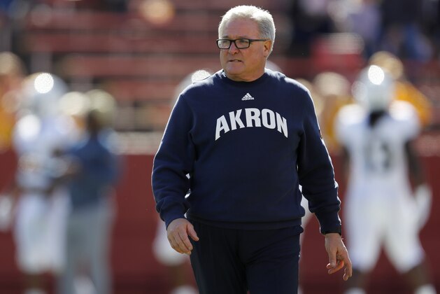 AMES, IA - SEPTEMBER 22: Head coach Terry Bowden of the Akron Zips coaches during warm ups before game action against the Iowa State Cyclones in the first half of play at Jack Trice Stadium on September 22, 2018 in Ames, Iowa. The Iowa State Cyclones won 26-13 over the Akron Zips. (Photo by David K Purdy/Getty Images)