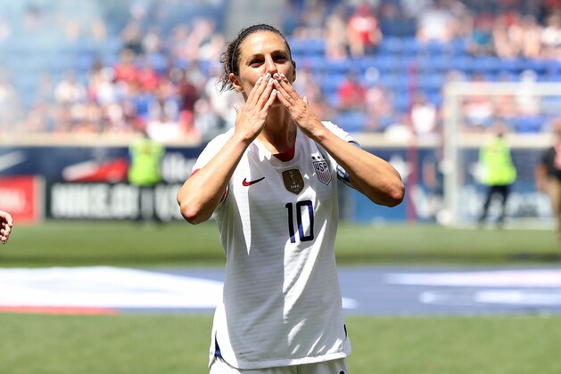 HARRISON, NEW JERSEY - MAY 26:  Carli Lloyd #10 of the United States salutes the fans after the match against Mexico at Red Bull Arena on May 26, 2019 in Harrison, New Jersey. (Photo by Elsa/Getty Images)