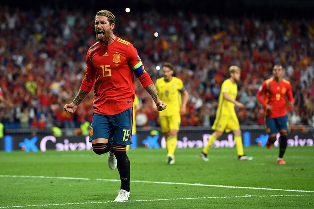 MADRID, SPAIN - JUNE 10:  Sergio Ramos of Spain celebrates scoring during the 2020 UEFA European Championships group F match between Spain and Sweden at Bernabeu on June 10, 2019 in Madrid, Spain. (Photo by David Ramos/Getty Images)
