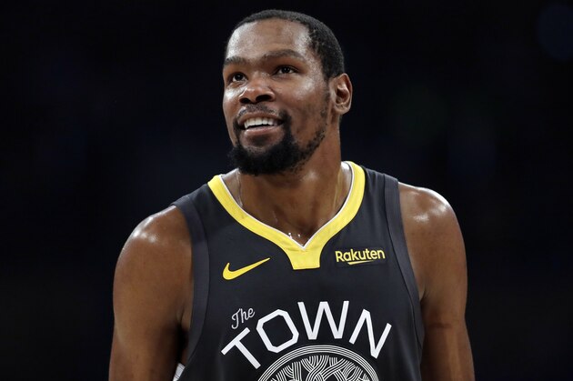 Golden State Warriors' Kevin Durant during the first half of an NBA basketball game against the Los Angeles Lakers Thursday, April 4, 2019, in Los Angeles. (AP Photo/Marcio Jose Sanchez)
