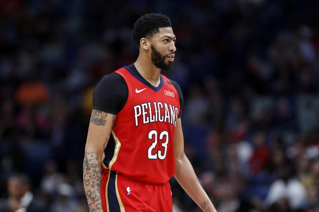 New Orleans Pelicans forward Anthony Davis (23) during the first half of an NBA basketball game in New Orleans, Thursday, Feb. 14, 2019. (AP Photo/Tyler Kaufman)