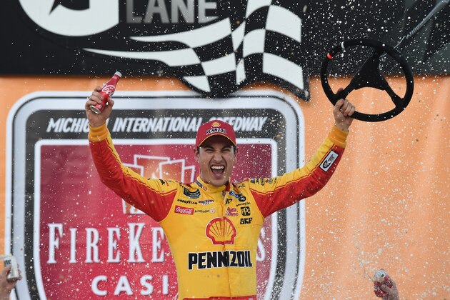 BROOKLYN, MICHIGAN - JUNE 10: Joey Logano, driver of the #22 Shell Pennzoil Ford, celebrates in Victory Lane after winning the Monster Energy NASCAR Cup Series FireKeepers Casino 400 at Michigan International Speedway on June 10, 2019 in Brooklyn, Michigan. (Photo by Logan Riely/Getty Images)