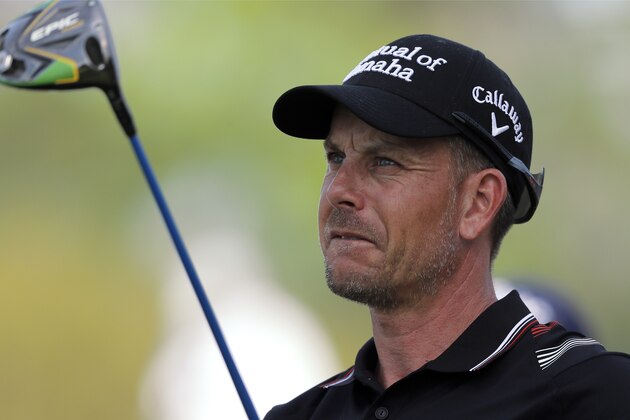 Henrik Stenson, of Sweden, follows the flight of his tee shot on the 15th hole during the second round of The Players Championship golf tournament Friday, March 15, 2019, in Ponte Vedra Beach, Fla. (AP Photo/Gerald Herbert)