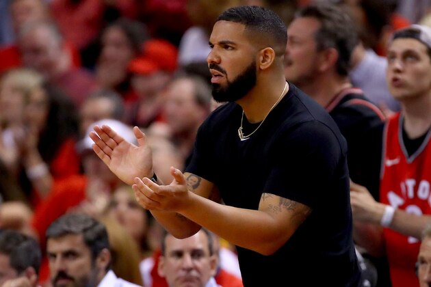 TORONTO, ONTARIO - JUNE 10: Drake reacts in the first half during Game Five of the 2019 NBA Finals between the Golden State Warriors and the Toronto Raptors at Scotiabank Arena on June 10, 2019 in Toronto, Canada. NOTE TO USER: User expressly acknowledges and agrees that, by downloading and or using this photograph, User is consenting to the terms and conditions of the Getty Images License Agreement. (Photo by Gregory Shamus/Getty Images)