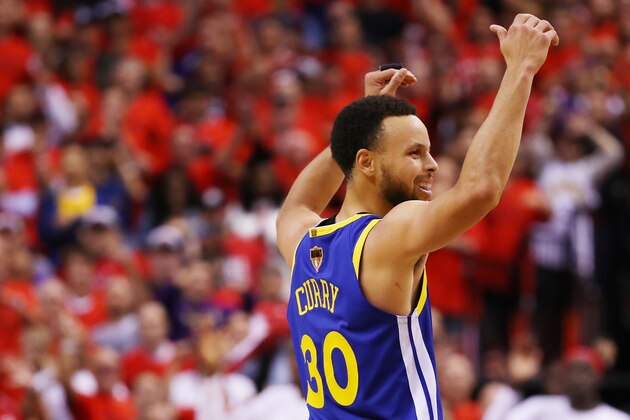 TORONTO, ONTARIO - JUNE 10:  Stephen Curry #30 of the Golden State Warriors reacts against the Toronto Raptors in the second half during Game Five of the 2019 NBA Finals at Scotiabank Arena on June 10, 2019 in Toronto, Canada. NOTE TO USER: User expressly acknowledges and agrees that, by downloading and or using this photograph, User is consenting to the terms and conditions of the Getty Images License Agreement. (Photo by Gregory Shamus/Getty Images)