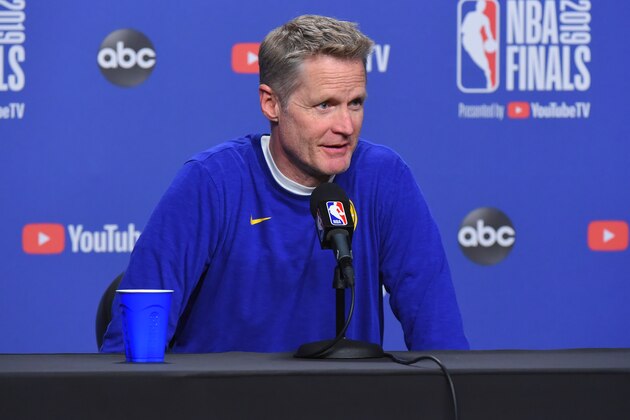 TORONTO, ON -  JUNE 9: Steve Kerr, head coach of the Golden State Warriors addresses the media during practice and media availability as part of the 2019 NBA Finals on June 9, 2019 at Scotiabank Arena in Toronto, Ontario, Canada. NOTE TO USER: User expressly acknowledges and agrees that, by downloading and or using this photograph, User is consenting to the terms and conditions of the Getty Images License Agreement. Mandatory Copyright Notice: Copyright 2019 NBAE (Photo by Bill Baptist/NBAE via Getty Images)