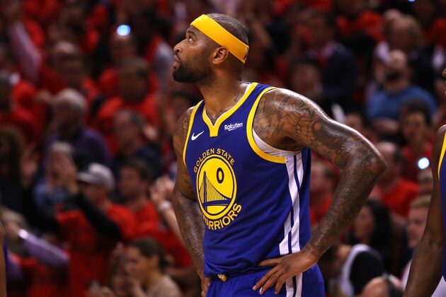 TORONTO, ONTARIO - JUNE 10:  DeMarcus Cousins #0 of the Golden State Warriors reacts in the fourth quarter against the Toronto Raptors during Game Five of the 2019 NBA Finals at Scotiabank Arena on June 10, 2019 in Toronto, Canada. NOTE TO USER: User expressly acknowledges and agrees that, by downloading and or using this photograph, User is consenting to the terms and conditions of the Getty Images License Agreement. (Photo by Gregory Shamus/Getty Images)