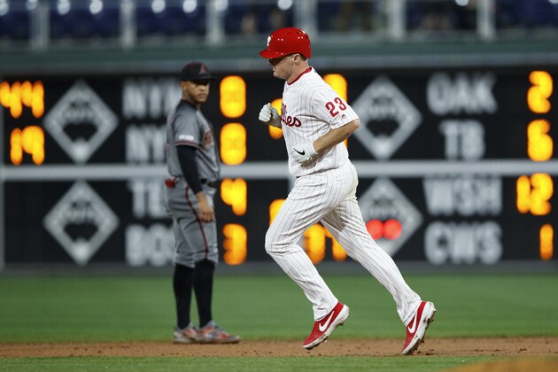 Philadelphia Phillies' Jay Bruce in action during a baseball game against the Arizona Diamondbacks, Monday, June 10, 2019, in Philadelphia. (AP Photo/Matt Slocum)