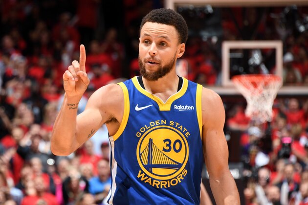 TORONTO, CANADA - JUNE 10: Stephen Curry #30 of the Golden State Warriors reacts to a play during Game Five of the NBA Finals against the Toronto Raptors on June 10, 2019 at Scotiabank Arena in Toronto, Ontario, Canada. NOTE TO USER: User expressly acknowledges and agrees that, by downloading and/or using this photograph, user is consenting to the terms and conditions of the Getty Images License Agreement. Mandatory Copyright Notice: Copyright 2019 NBAE (Photo by Andrew D. Bernstein/NBAE via Getty Images)