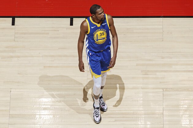 TORONTO, CANADA - JUNE 10: Kevin Durant #35 of the Golden State Warriors walks on the court against the Toronto Raptors during Game Five of the NBA Finals on June 10, 2019 at Scotiabank Arena in Toronto, Ontario, Canada. NOTE TO USER: User expressly acknowledges and agrees that, by downloading and/or using this photograph, user is consenting to the terms and conditions of the Getty Images License Agreement. Mandatory Copyright Notice: Copyright 2019 NBAE (Photo by Mark Blinch/NBAE via Getty Images)