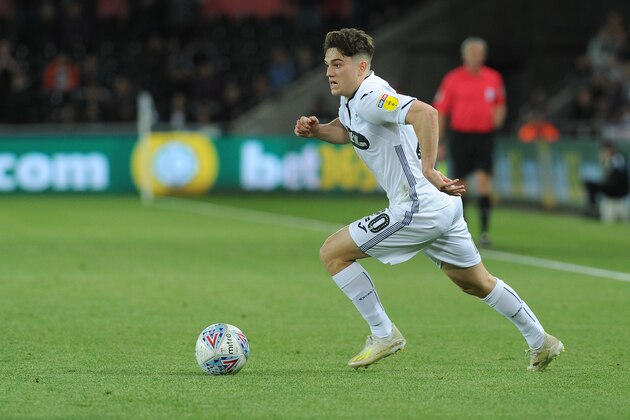 SWANSEA, WALES - MAY 01: Daniel James of Swansea City in action during the Sky Bet Championship match between Swansea City and Derby County at the Liberty Stadium on May 01, 2019 in Swansea, Wales. (Photo by Athena Pictures/Getty Images)
