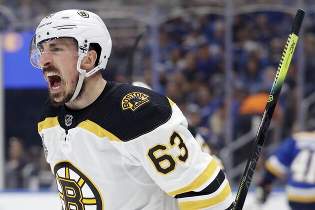 Boston Bruins left wing Brad Marchand (63) celebrates after scoring a goal against the St. Louis Blues during the first period of Game 6 of the NHL hockey Stanley Cup Final Sunday, June 9, 2019, in St. Louis. (AP Photo/Jeff Roberson)