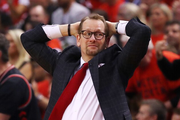 TORONTO, ONTARIO - JUNE 10:  Head coach Nick Nurse of the Toronto Raptors reacts against the Golden State Warriors in the first half during Game Five of the 2019 NBA Finals at Scotiabank Arena on June 10, 2019 in Toronto, Canada. NOTE TO USER: User expressly acknowledges and agrees that, by downloading and or using this photograph, User is consenting to the terms and conditions of the Getty Images License Agreement. (Photo by Gregory Shamus/Getty Images)