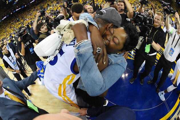 OAKLAND, CA - JUNE 12:  Kevin Durant #35 of the Golden State Warriors and his mother Wanda Durant celebrate after winning the 2017 NBA Finals on June 12, 2017 at ORACLE Arena in Oakland, California. NOTE TO USER: User expressly acknowledges and agrees that, by downloading and/or using this photograph, user is consenting to the terms and conditions of Getty Images License Agreement. Mandatory Copyright Notice: Copyright 2017 NBAE (Photo by Andrew D. Bernstein/NBAE via Getty Images)