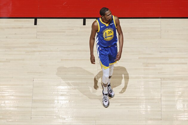 TORONTO, CANADA - JUNE 10: Kevin Durant #35 of the Golden State Warriors walks on the court against the Toronto Raptors during Game Five of the NBA Finals on June 10, 2019 at Scotiabank Arena in Toronto, Ontario, Canada. NOTE TO USER: User expressly acknowledges and agrees that, by downloading and/or using this photograph, user is consenting to the terms and conditions of the Getty Images License Agreement. Mandatory Copyright Notice: Copyright 2019 NBAE (Photo by Mark Blinch/NBAE via Getty Images)