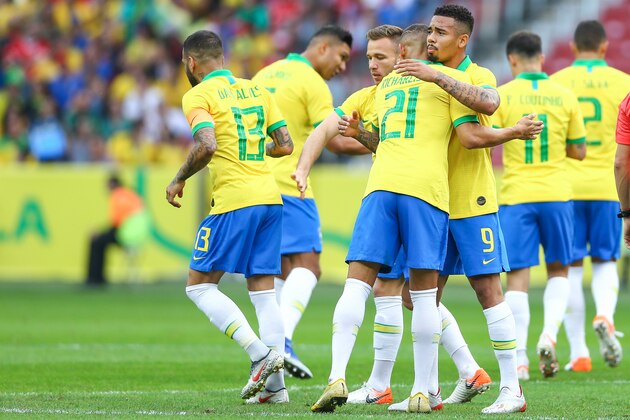 PORTO ALEGRE, BRAZIL - JUNE 9: Gabriel Jesus of Brazil celebrates with his teammates after scoring the first goal of his team during the match Brazil v Honduras, at Beira-Rio Stadium on June 9, 2019, in Porto Alegre, Brazil. (Photo by Lucas Uebel/Getty Images)