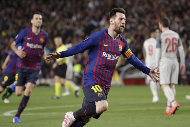 Barcelona's Lionel Messi celebrates after scoring his side's third goal during the Champions League semifinal, first leg, soccer match between FC Barcelona and Liverpool at the Camp Nou stadium in Barcelona, Spain, Wednesday, May 1, 2019. (AP Photo/Emilio Morenatti)