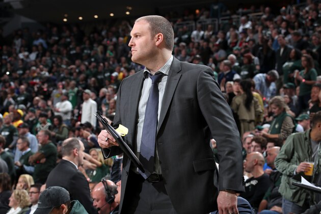 MILWAUKEE, WI - MAY 17: Assistant Coach Taylor Jenkins of the Milwaukee Bucks looks on against the Toronto Raptors during Game Two of the Eastern Conference Finals on May 17, 2019 at the Fiserv Forum in Milwaukee, Wisconsin. NOTE TO USER: User expressly acknowledges and agrees that, by downloading and/or using this photograph, user is consenting to the terms and conditions of the Getty Images License Agreement. Mandatory Copyright Notice: Copyright 2019 NBAE (Photo by Nathaniel S. Butler/NBAE via Getty Images)