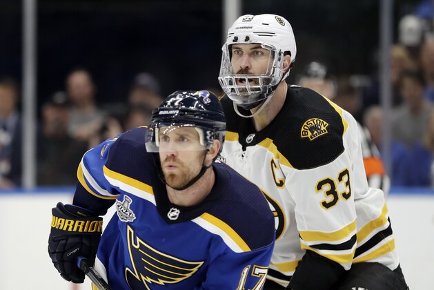 Boston Bruins defenseman Zdeno Chara (33), of Slovakia, wears a mask to protect his injured jaw as he and St. Louis Blues left wing Jaden Schwartz (17) play during the second period of Game 6 of the NHL hockey Stanley Cup Final Sunday, June 9, 2019, in St. Louis. (AP Photo/Jeff Roberson)