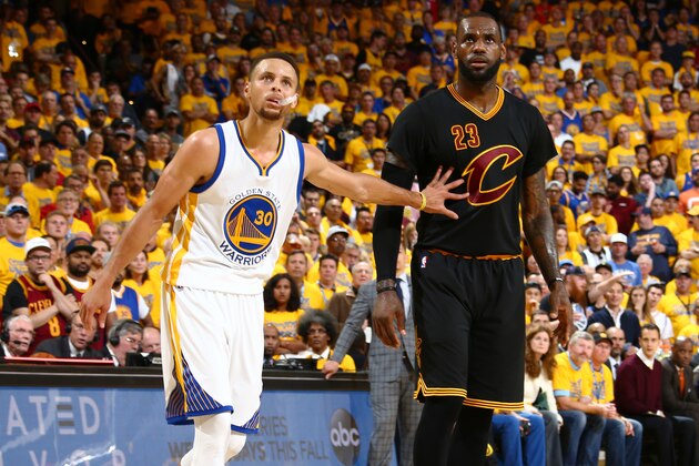 OAKLAND, CA - JUNE 19:  Stephen Curry #30 of the Golden State Warriors and LeBron James #23 of the Cleveland Cavaliers during the game in Game Seven of the 2016 NBA Finals on June 19, 2016 at Oracle Arena in Oakland, California. NOTE TO USER: User expressly acknowledges and agrees that, by downloading and or using this photograph, user is consenting to the terms and conditions of Getty Images License Agreement. Mandatory Copyright Notice: Copyright 2016 NBAE (Photo by Nathaniel S. Butler/NBAE via Getty Images)
