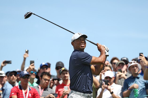PEBBLE BEACH, CALIFORNIA - JUNE 10: Tiger Woods of the United States plays a shot from the ninth tee during a practice round prior to the 2019 U.S. Open at Pebble Beach Golf Links on June 10, 2019 in Pebble Beach, California. (Photo by Ezra Shaw/Getty Images)