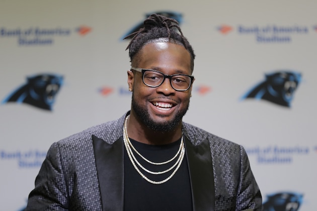 Carolina Panthers' Gerald McCoy answers a question during a news conference in Charlotte, N.C., Tuesday, June 4, 2019. After nine productive seasons with the Tampa Bay Buccaneers, the six-time Pro Bowl and three-time All-Pro defensive tackle McCoy signed with the Panthers. (AP Photo/Chuck Burton)