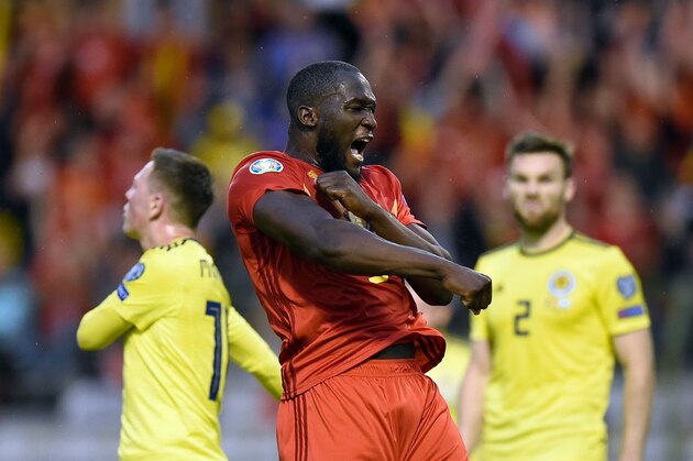 Belgium's forward Romelu Lukaku (C) celebrates after scoring a goal during the UEFA Euro 2020 qualification football match between Belgium and Scotland at the King Baudouin Stadium in Brussels on June 11, 2019. (Photo by JOHN THYS / AFP)        (Photo credit should read JOHN THYS/AFP/Getty Images)