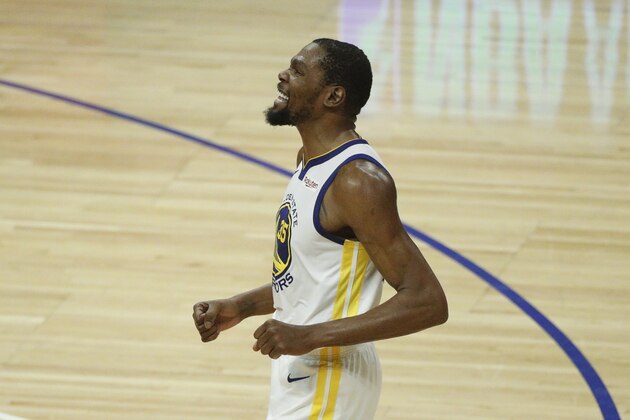 Golden State Warriors' Kevin Durant reacts after making a three-point basket during the first half in Game 6 of a first-round NBA basketball playoff series against the Los Angeles Clippers Friday, April 26, 2019, in Los Angeles. (AP Photo/Jae C. Hong)