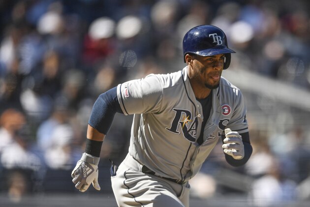 NEW YORK, NEW YORK - MAY 18: Yandy Diaz #2 of the Tampa Bay Rays runs to first during the ninth inning of the game against the New York Yankees at Yankee Stadium on May 18, 2019 in the Bronx borough of New York City. (Photo by Sarah Stier/Getty Images)