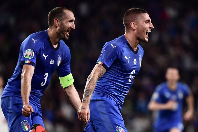 Italy's midfielder Marco Verratti (R) celebrates with Italy's defender Giorgio Chiellini after scoring a goal during the UEFA Euro 2020 qualification football match between Italy and Bosnia Herzegovina at the 'Allianz Stadium' in Turin on June 11, 2019. (Photo by MARCO BERTORELLO / AFP) (Photo credit should read MARCO BERTORELLO/AFP/Getty Images) Italy's midfielder Marco Verratti (R) celebrates with Italy's defender Giorgio Chiellini after scoring a goal during the UEFA Euro 2020 qualification football match between Italy and Bosnia Herzegovina at the 'Allianz Stadium' in Turin on June 11, 2019. (Photo by MARCO BERTORELLO / AFP) (Photo credit should read MARCO BERTORELLO/AFP/Getty Images)