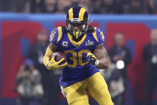Los Angeles Rams Todd Gurley #30 in action against the New England Patriots during NFL Super Bowl 53, Sunday, February 3, 2019 in Atlanta. The Patriots won 13-3. (AP Photo/Gregory Payan)